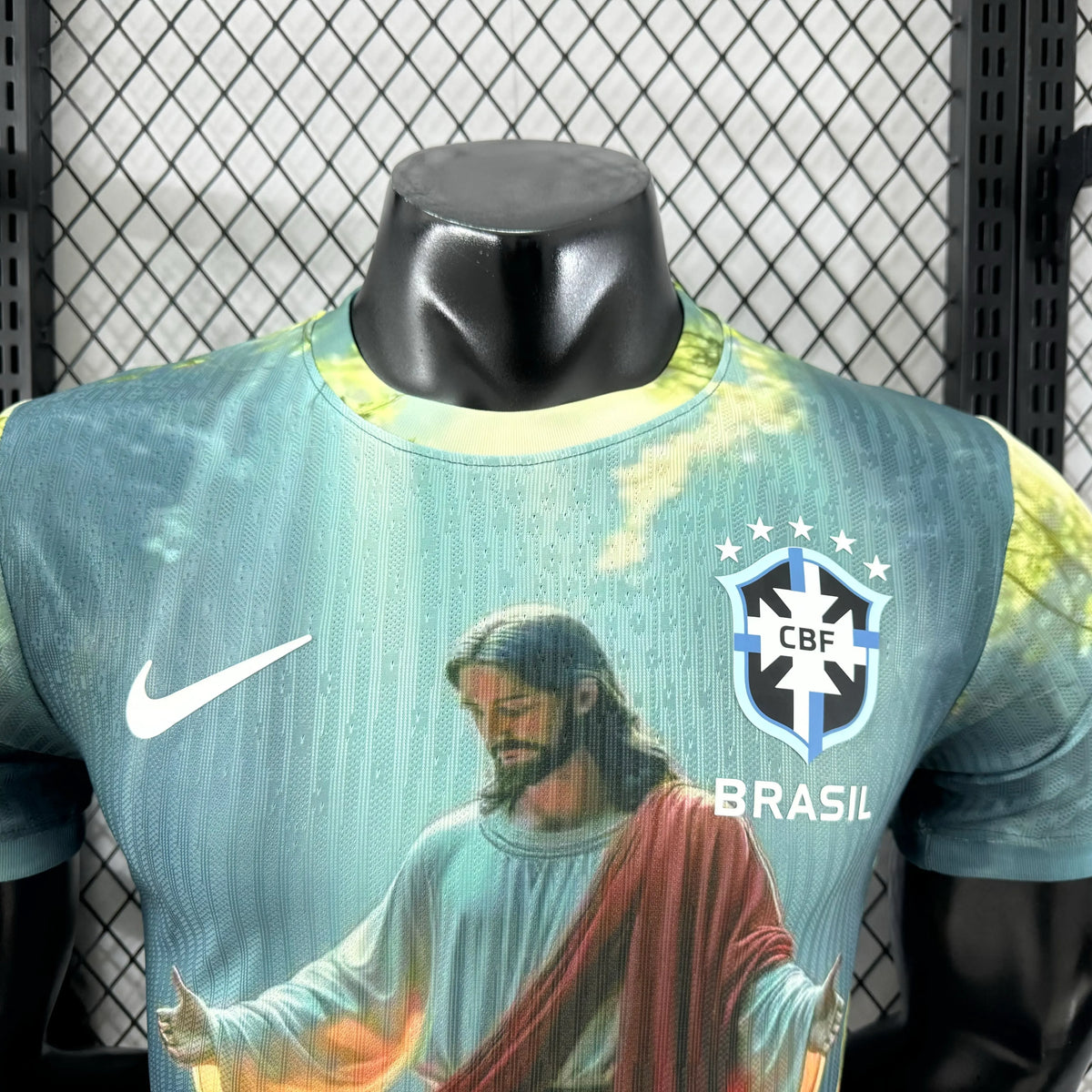 Player Version 2025 Brazil Light Blue with Jesus Christ Religious Artwork Jersey