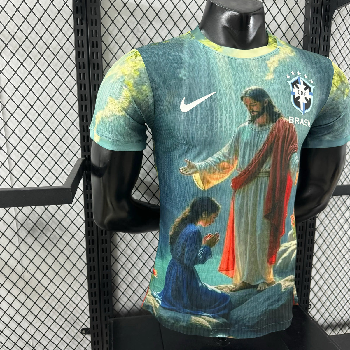 Player Version 2025 Brazil Light Blue with Jesus Christ Religious Artwork Jersey