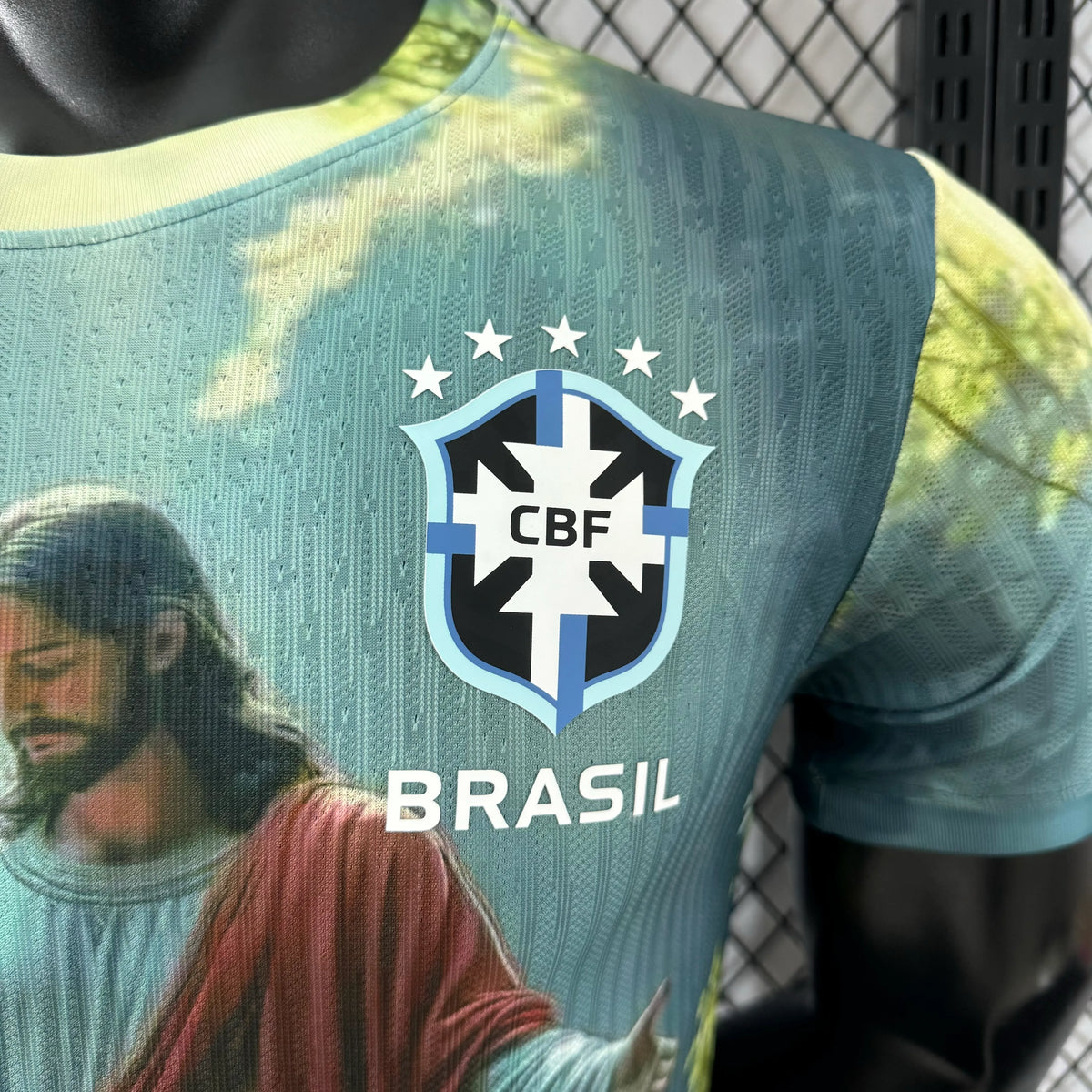 Player Version 2025 Brazil Light Blue with Jesus Christ Religious Artwork Jersey