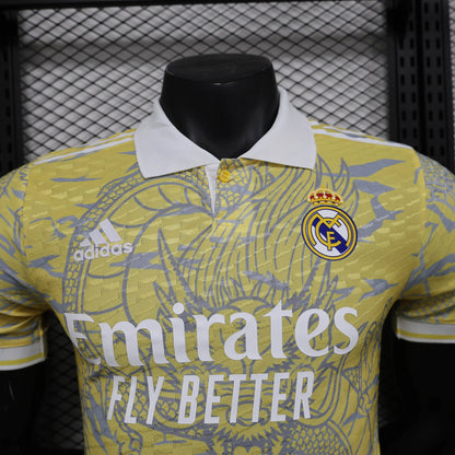 Real Madrid Men's Polo Shirt Dragon Pattern Yellow Jersey 25-26