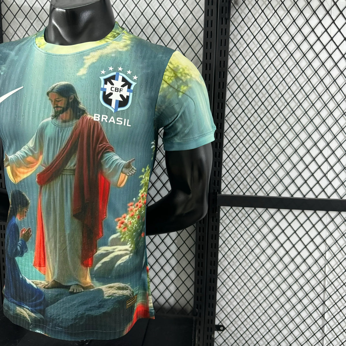 Player Version 2025 Brazil Light Blue with Jesus Christ Religious Artwork Jersey