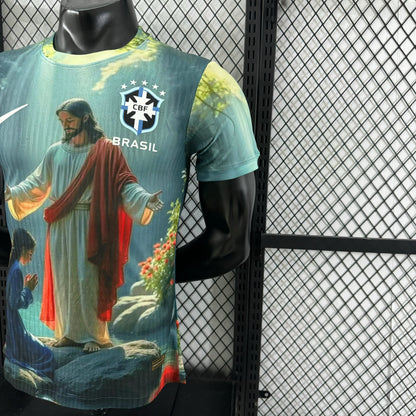 Player Version 2025 Brazil Light Blue with Jesus Christ Religious Artwork Jersey