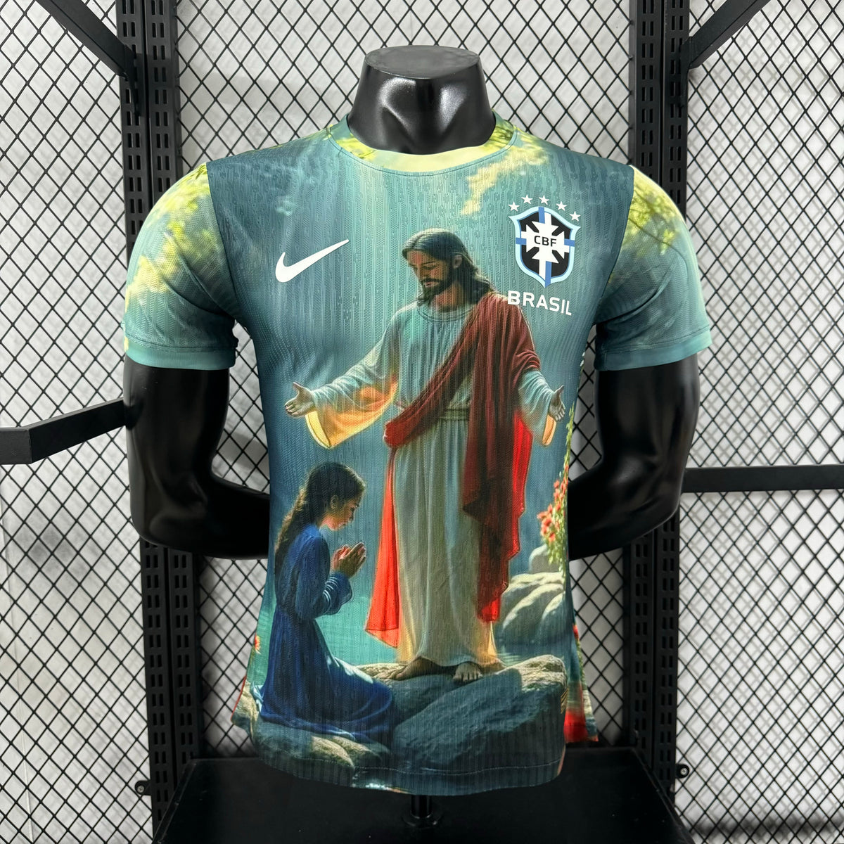 Player Version 2025 Brazil Light Blue with Jesus Christ Religious Artwork Jersey