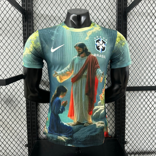 Player Version 2025 Brazil Light Blue with Jesus Christ Religious Artwork Jersey
