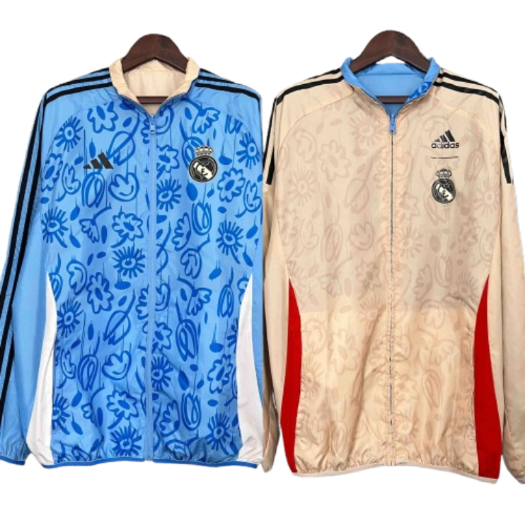 Real Madrid Blue&amp;Beige Trench Coat Reversible Windbreaker Jacket 2024