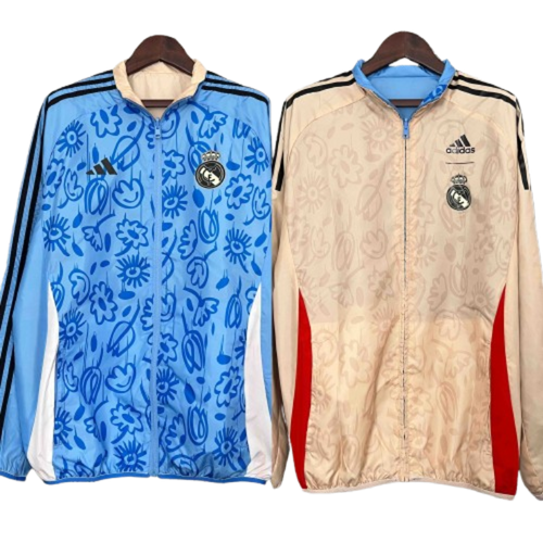 Real Madrid Blue&amp;Beige Trench Coat Reversible Windbreaker Jacket 2024