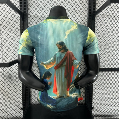 Player Version 2025 Brazil Light Blue with Jesus Christ Religious Artwork Jersey